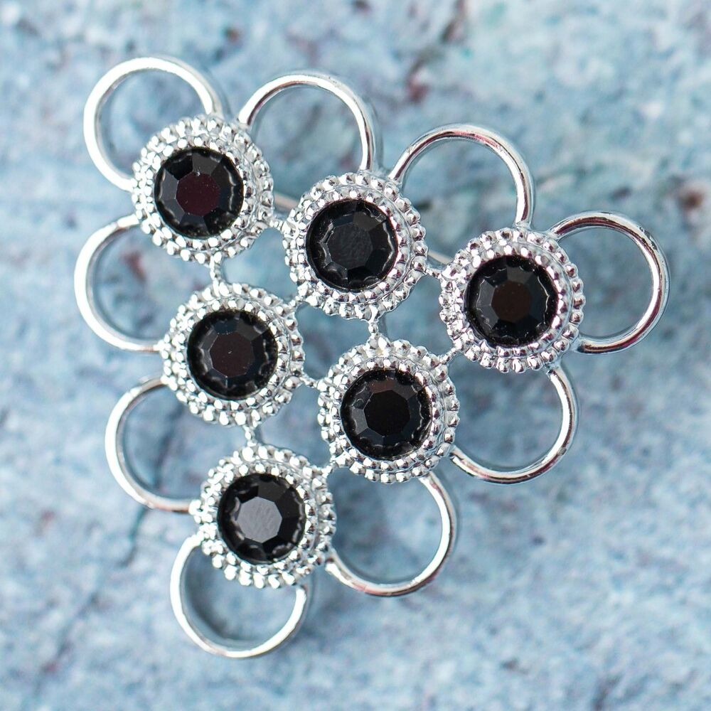 Sarah Coventry Vintage Black Rhinestone Silver Tone Floral Brooch Pin Signed